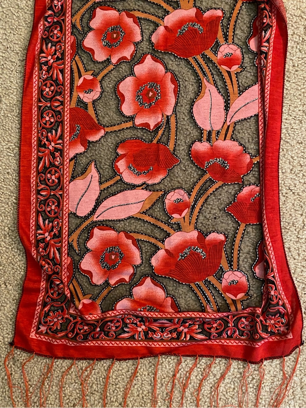 Red pink flower fringe scarf